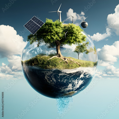 A Globe with Green Energy Icons and Sustainable Energy Sources