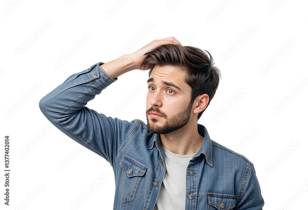 Young Doubtful Man Thinking and Scratching Head isolated on transparent background Young Doubtful Man Thinking and Scratching Head isolated on transparent background