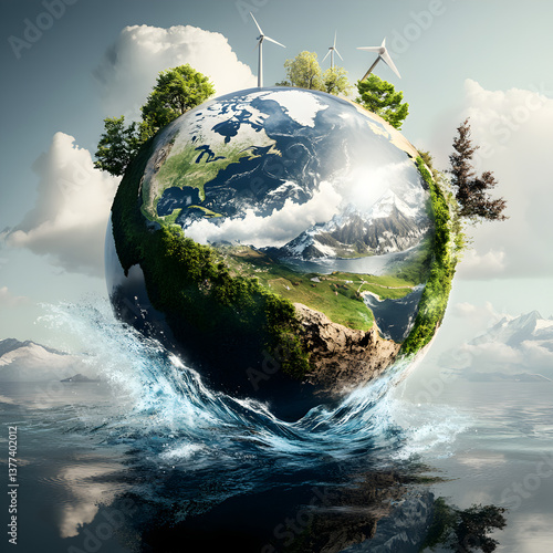A Globe with Green Energy Icons and Sustainable Energy Sources