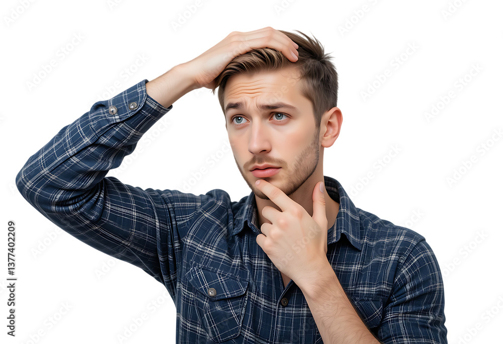 Young Doubtful Man Thinking and Scratching Head isolated on transparent background Young Doubtful Man Thinking and Scratching Head isolated on transparent background