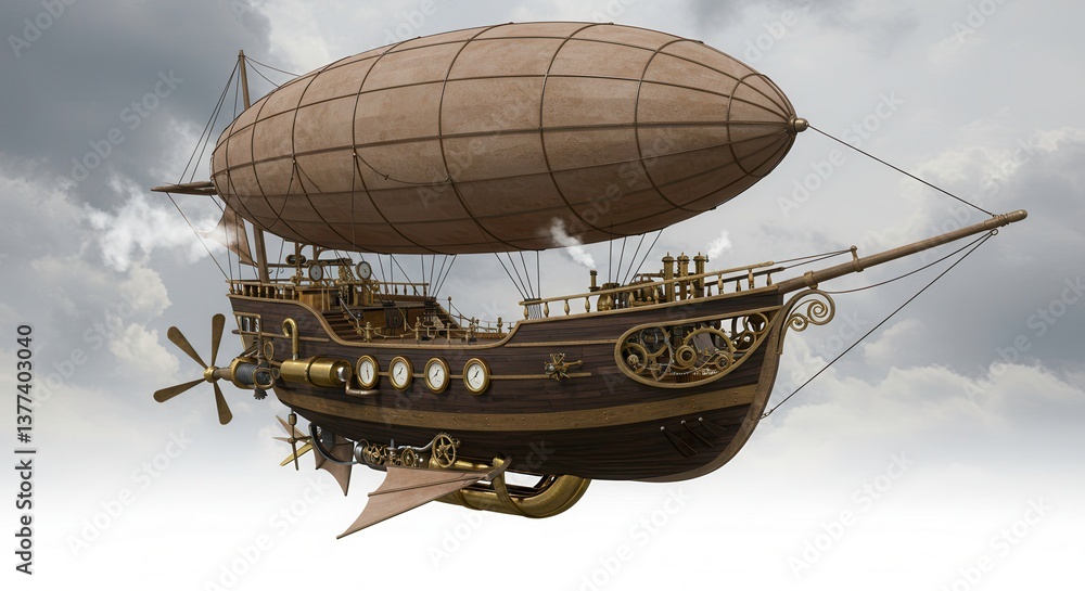 Naklejka premium Steampunk Airship Vintage Dirigible Clockwork Ship Fantasy Flying Machine