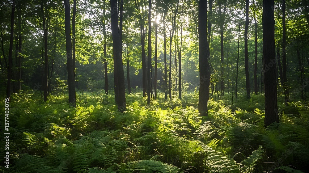 Obraz premium A dense forest floor covered in vibrant green ferns, soft diffused sunlight filtering through the canopy