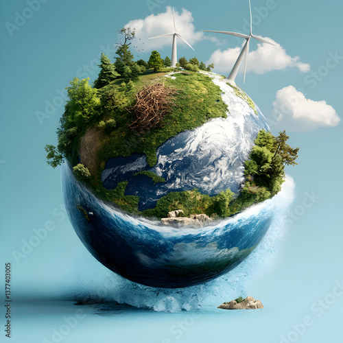 A Globe with Green Energy Icons and Sustainable Energy Sources