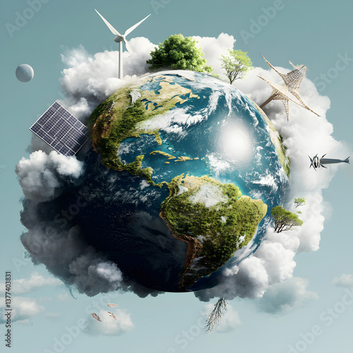 A Globe with Green Energy Icons and Sustainable Energy Sources