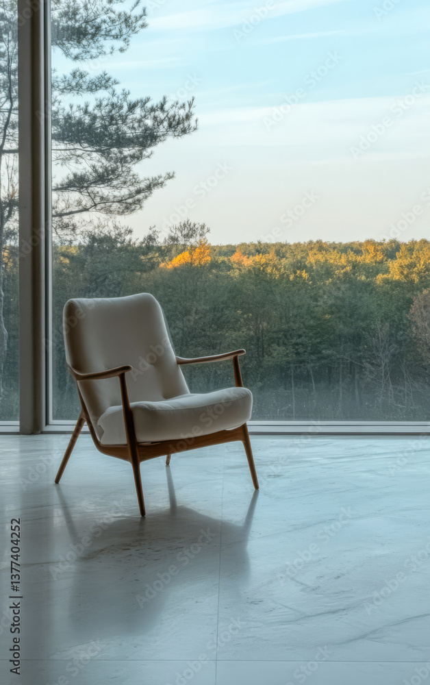 Stylish armchair by large window overlooking autumn landscape Stylish armchair by large window overlooking autumn landscape