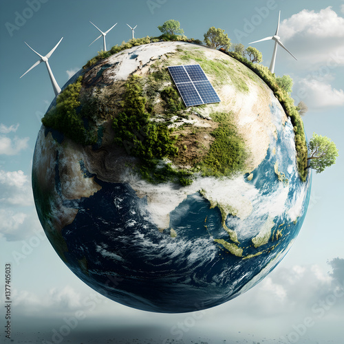 A Globe with Green Energy Icons and Sustainable Energy Sources