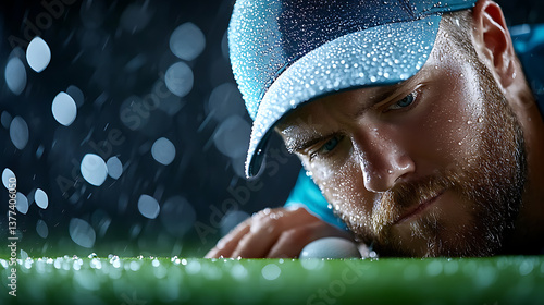 Golfer battling rainstorm to complete putt golf course action shot dynamic environment close-up determination