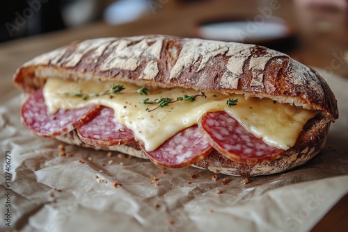 Rustic Salami and Cheese Sandwich on Wax Paper Hearty Homemade Bread, Melted Cheese & Savory Cured Meat Cozy Food Photography for Menus, Blogs and Marketing