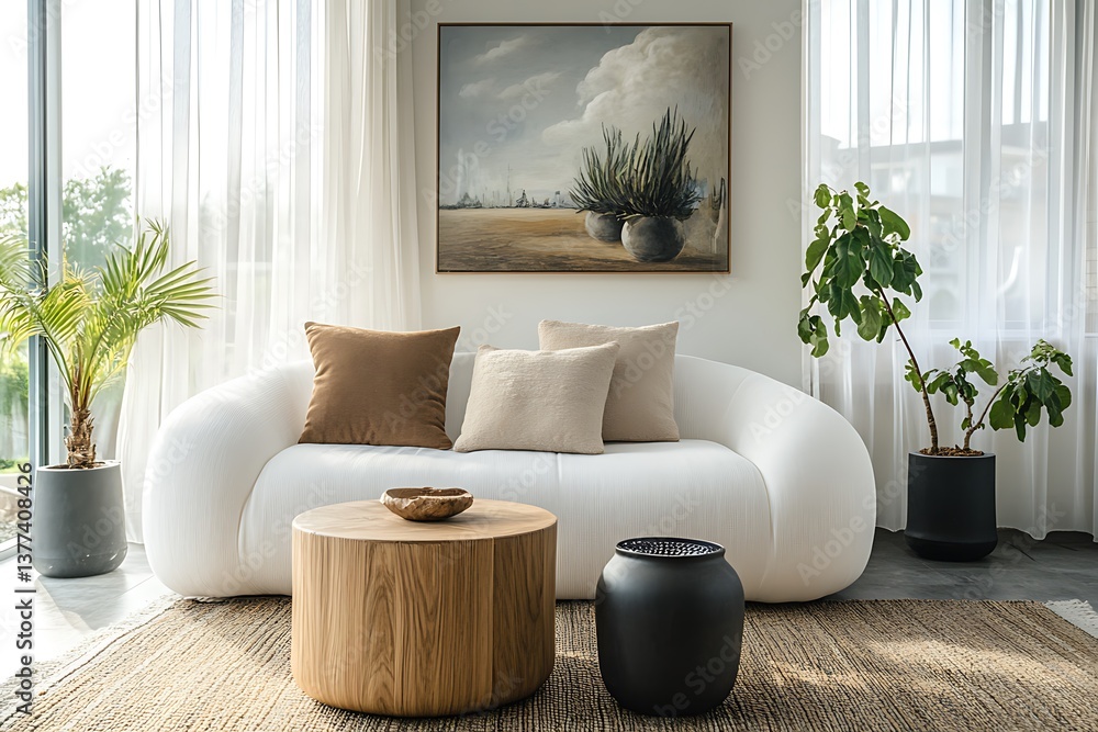 Obraz premium White Curved Sofa with Pillows, Wood Coffee Table, Plants, & Neutral Hued Rugs