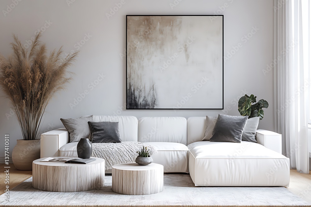 Fototapeta premium White Sofa with Gray Pillows and Round Coffee Tables in Bright Living Room with Decor