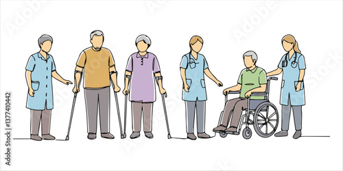 A group of elderly men and women, relying on crutches, canes, walkers, and wheelchairs, navigate their surroundings with care and resilience. Their presence reflects the strength and perseverance.