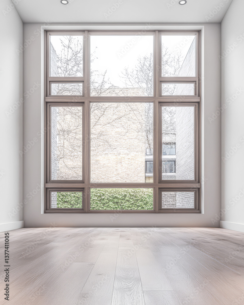 Fototapeta premium Modern interior space with large window and serene outdoor view in bright natural light