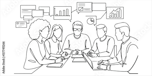 A group of individuals gathers around a table, actively exchanging ideas and engaging in a thoughtful discussion. Behind them, graphs provide valuable insights, guiding their conversation.