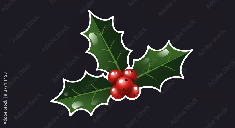 Festive holly sprig with vibrant red berries and glossy green leaves against a dark background, conveying holiday cheer and warmth. Festive holly sprig with vibrant red berries and glossy green leaves against a dark background, conveying holiday cheer and warmth.