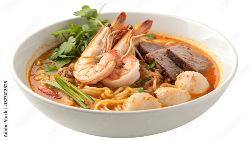 Delicious Spicy Tom Yum Noodle Soup with Shrimp Beef and Meatballs Delicious Spicy Tom Yum Noodle Soup with Shrimp Beef and Meatballs