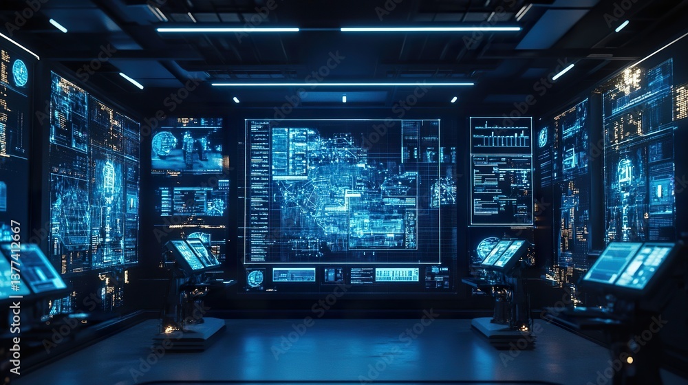 Futuristic control room with glowing interfaces and complex data streams Futuristic control room with glowing interfaces and complex data streams