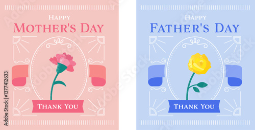 母の日、父の日、ロゴ、デザイン、カーネーション、黄色いばら、セット、あしらい