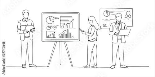 A team of professionals collaborates on strategic planning, carefully evaluating key objectives and long-term goals. They analyze market trends and business insights to develop effective strategies.