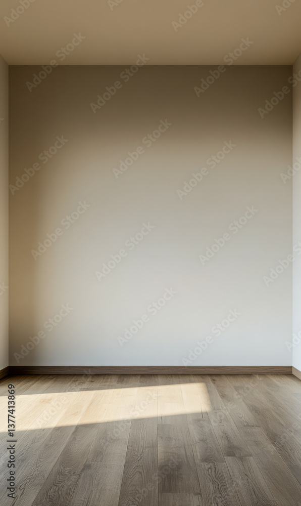 Minimalist interior space with empty wall and wooden flooring during daylight hours Minimalist interior space with empty wall and wooden flooring during daylight hours