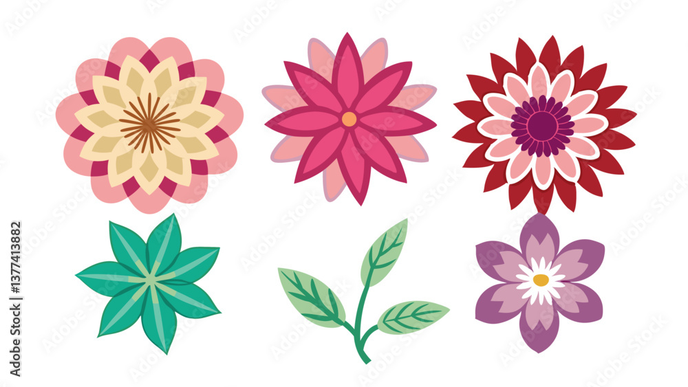 Vector art.A collection of flower heads isolated against a white background for design elements. Vector art.A collection of flower heads isolated against a white background for design elements.