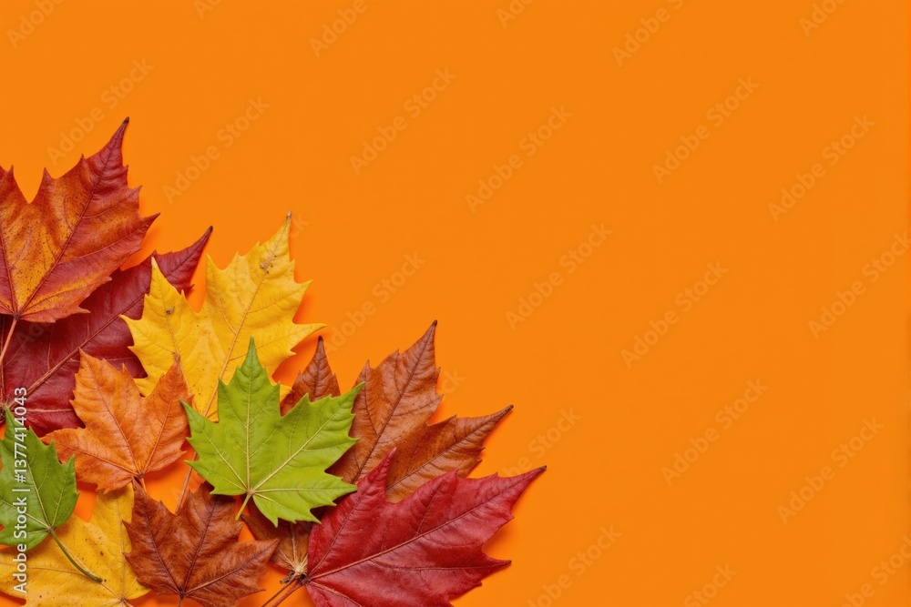 Fototapeta premium A Vibrant Collection of Autumn Leaves in Vivid Colors Displayed Against a Bright Orange Background Perfect for Seasonal Decor and Inspiration