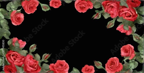 Red roses in square frame with overlapping petals and green leaves on black background, creating romantic love display.