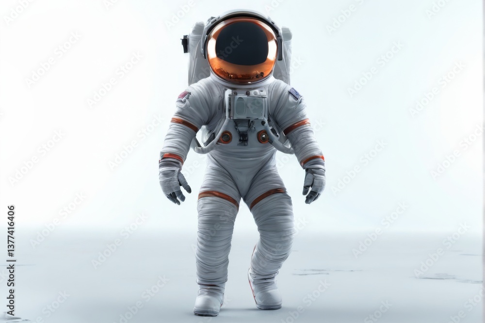Astronaut in White Spacesuit with Orange Helmet Walking on White Surface 3D Rendering Astronaut in White Spacesuit with Orange Helmet Walking on White Surface 3D Rendering