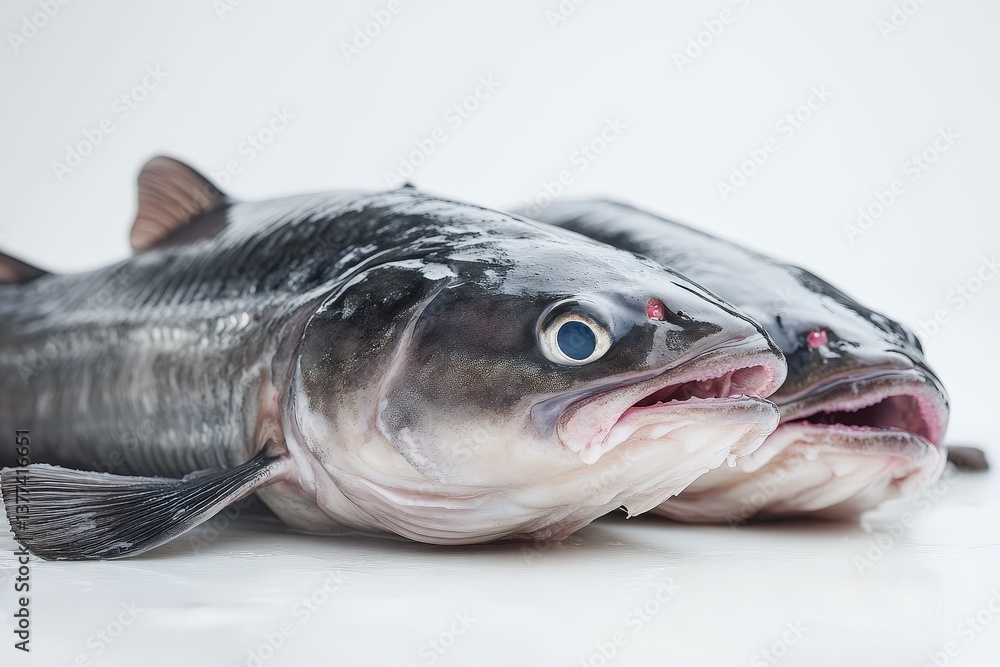 Two whole raw fish laying together on a white surface Two whole raw fish laying together on a white surface
