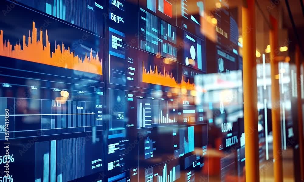 Data visualization multiple screens display charts and graphs with various data points Data visualization multiple screens display charts and graphs with various data points