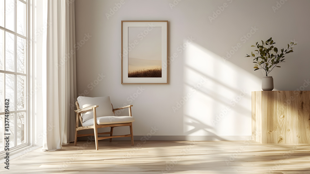 Minimalist wall art with soft curtain light in a serene room background wallpaper Minimalist wall art with soft curtain light in a serene room background wallpaper