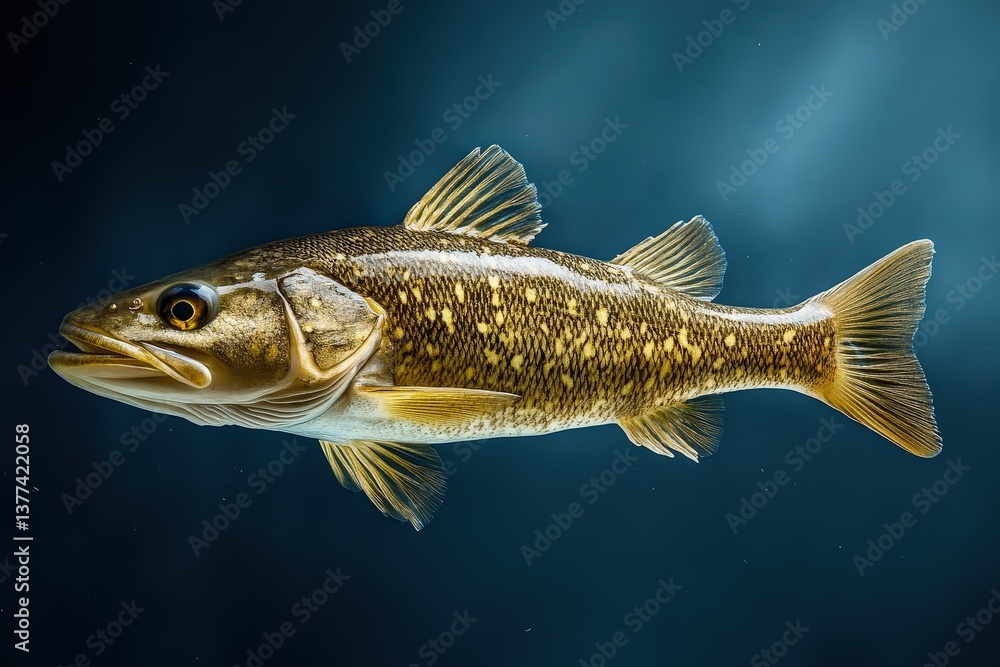 Fototapeta premium Detailed aquatic fish illustration floating in a dark blue environment