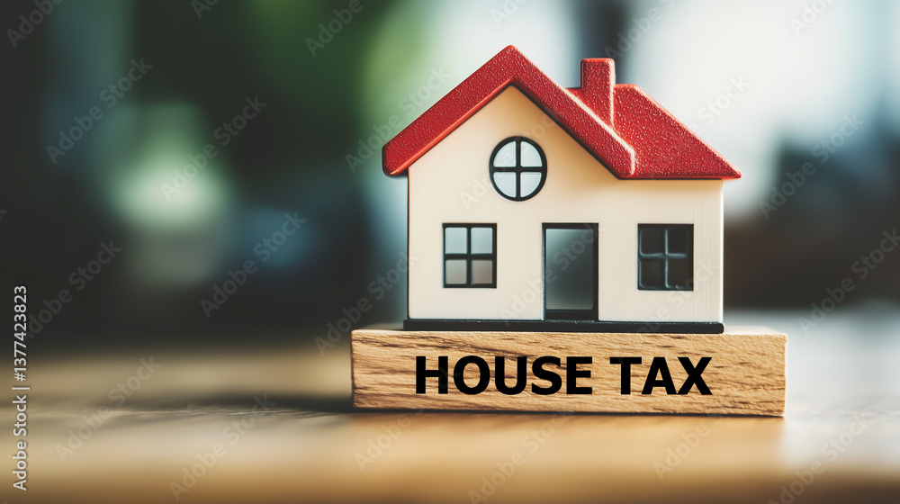 Toy house with red roof placed on wooden block labeled HOUSE TAX. Property taxation, legal obligation and financial planning. Concept of home ownership, real estate fees, and economic policy. Toy house with red roof placed on wooden block labeled HOUSE TAX. Property taxation, legal obligation and financial planning. Concept of home ownership, real estate fees, and economic policy.