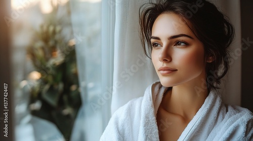 Free Download Serene Woman in White Spa Robe Sitting by the Window in Soft Light - GFXLoad