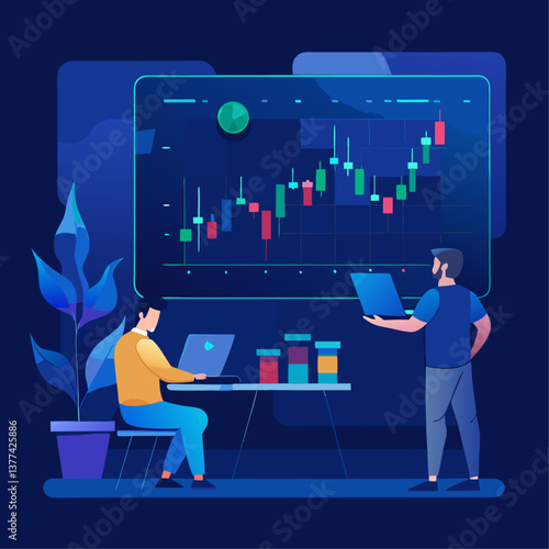 Isometric of a trader sitting on a laptop with a large financial screen showing stock market graphs and Buy Sell buttons. Stock trading, cryptocurrency, forex, investment.