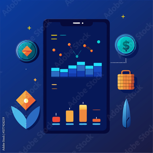 Isometric of a trader sitting on a laptop with a large financial screen showing stock market graphs and Buy Sell buttons. Stock trading, cryptocurrency, forex, investment.