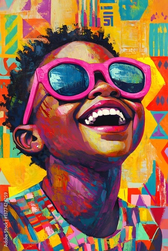 An African girl with pink sunglasses, laughing and joyful, surrounded by vibrant colors, depicted in an oil painting style.  The background features geometric patterns and bright hues