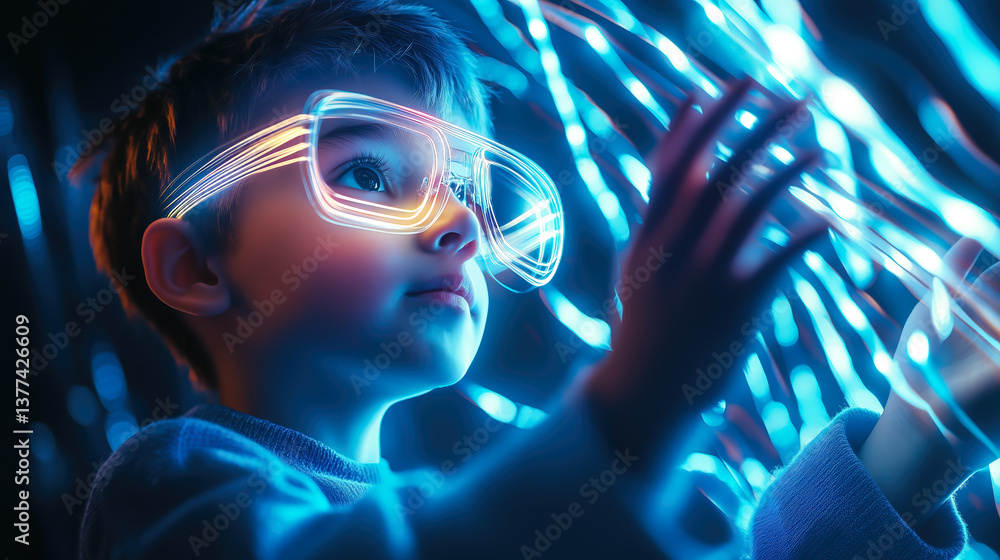 A kid boy interacts with a neural network display. The concept of early learning, future technology, and the curiosity-driven exploration of AI. Generative AI. A kid boy interacts with a neural network display. The concept of early learning, future technology, and the curiosity-driven exploration of AI. Generative AI.