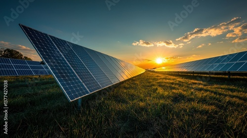 Sunset over solar panels in a field