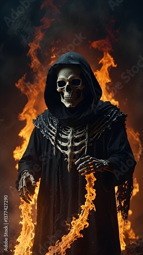 A skeletal figure in a black robe wields fire from his hands, holding a glowing skull, surrounded by a swirling fire vortex.  