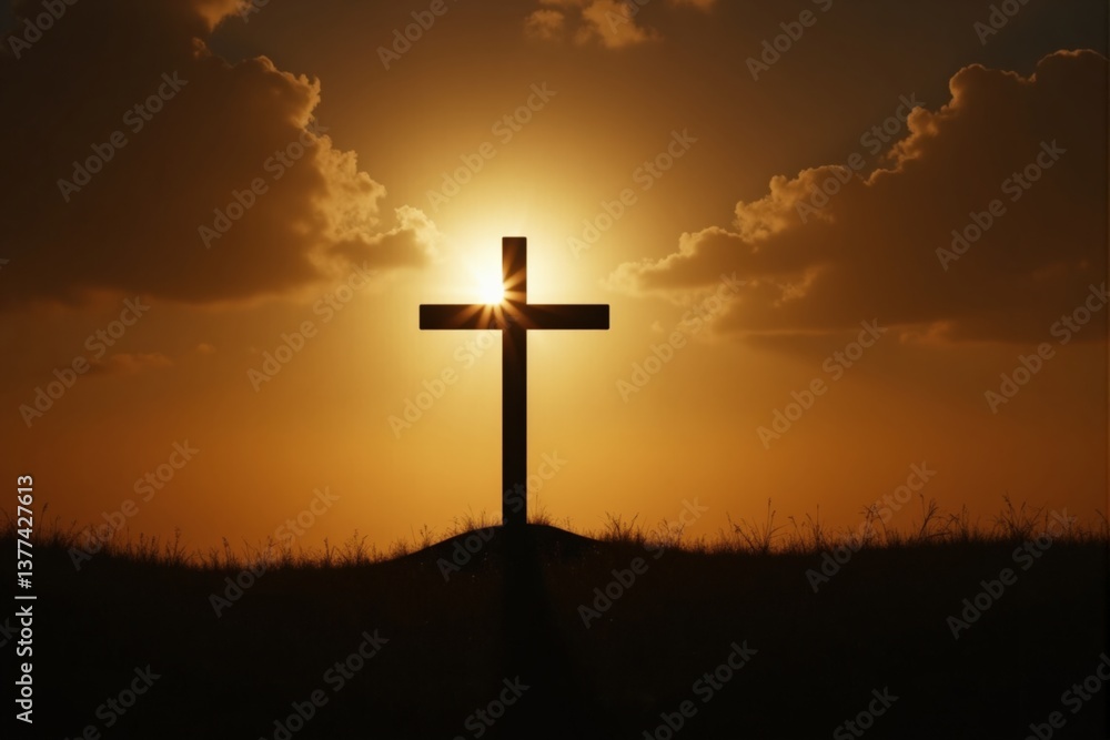 A Silhouetted Cross Against a Sunset Sky: Symbol of Faith and Hope Amidst Dramatic Clouds and Warm Colors in an Open Field A Silhouetted Cross Against a Sunset Sky: Symbol of Faith and Hope Amidst Dramatic Clouds and Warm Colors in an Open Field