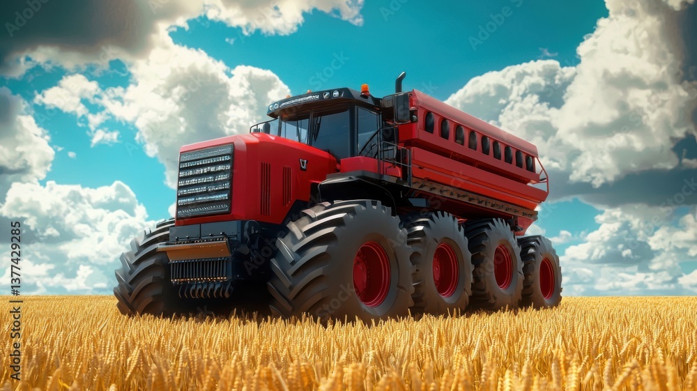 Obraz premium A large red agricultural vehicle with massive tires stands in a golden wheat field under a blue sky with fluffy clouds.