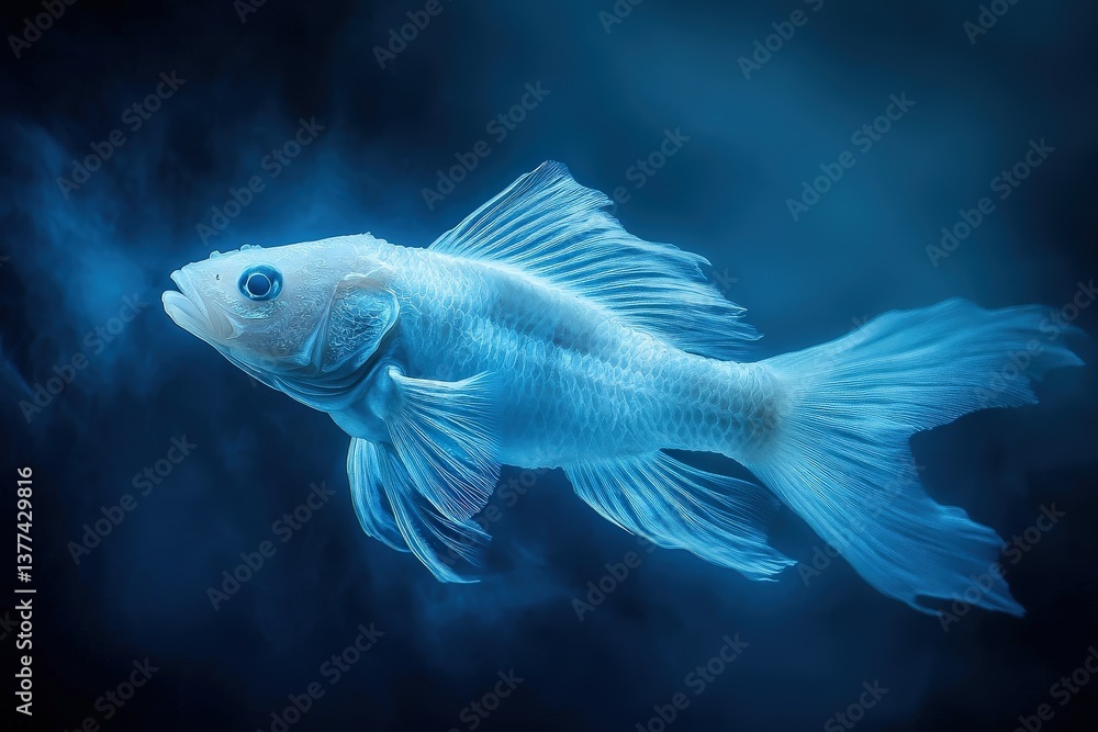 Naklejka premium An elegant stylized fish swims gracefully through a deep blue ocean