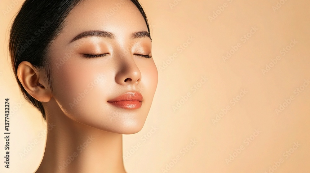 Fototapeta premium Serene Asian Woman with Glowing Complexion and Calm Expression