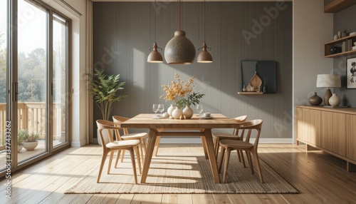 Wallpaper Mural Modern Dining Room with Wooden Table and Chairs Torontodigital.ca