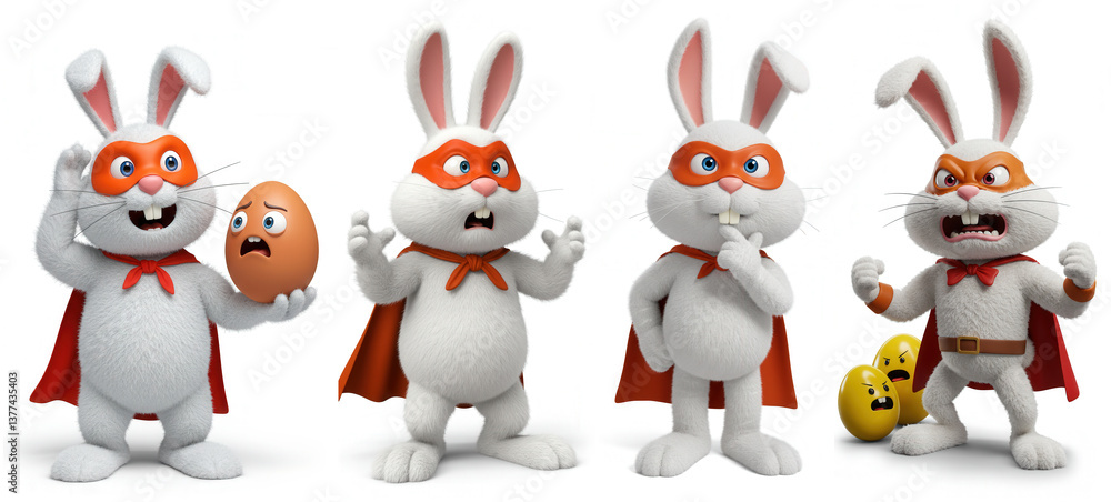Easter Bunny Superhero Character Sheet: 3D Poses and Expressions of Cartoon Rabbit for for storybooks, animation, posters, or children’s media. Easter Bunny Superhero Character Sheet: 3D Poses and Expressions of Cartoon Rabbit for for storybooks, animation, posters, or children’s media.