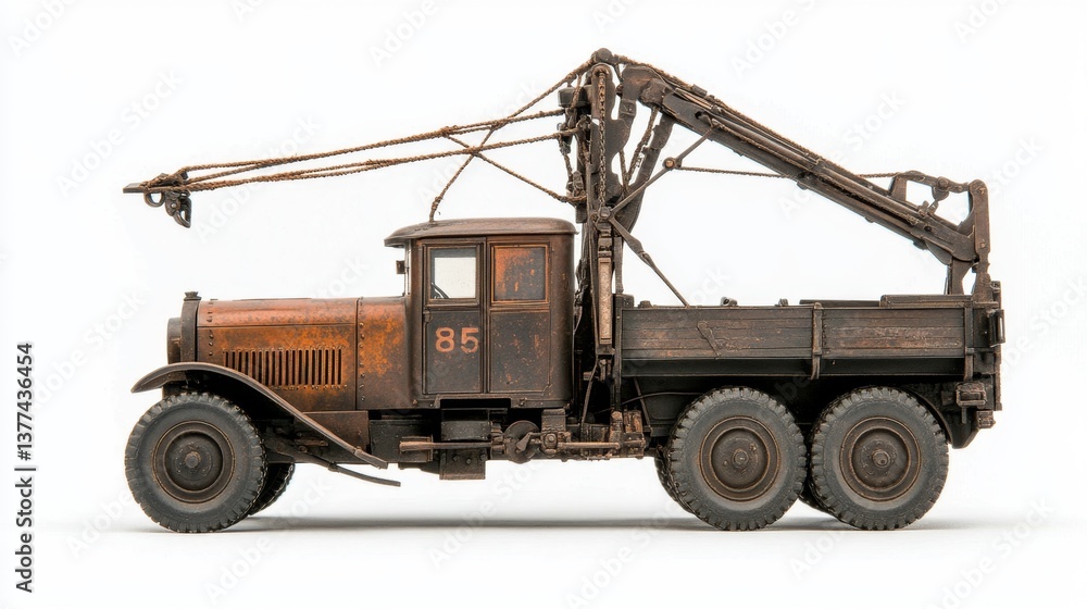 Vintage Rusty Truck with Crane on White Background