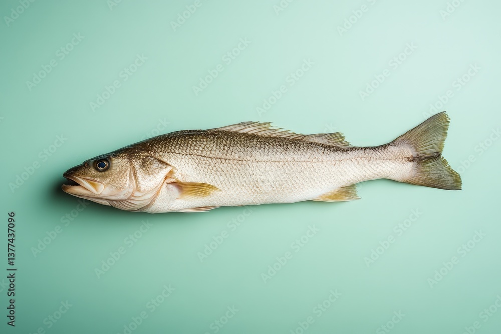 Fototapeta premium A whole raw fish is presented on a light teal surface