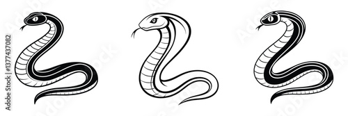 Cobra Snake Icons Set Black and White Serpent Silhouette Vector Illustration for Tattoo Design Mythology and Wildlife Art
