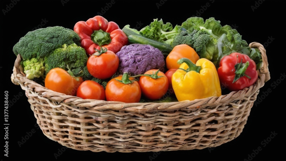 Wicker basket filled with assorted fresh vegetables, beautifully arranged on black background for vibrant colors to pop. Wicker basket filled with assorted fresh vegetables, beautifully arranged on black background for vibrant colors to pop.