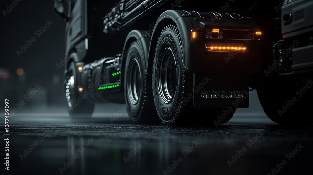 Close-Up of Truck Wheels with Neon Lights in Rainy Environment Close-Up of Truck Wheels with Neon Lights in Rainy Environment